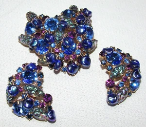 Vintage Aurora Borealis Lavakristall 2er Set Brosche Ohrring Kramer signiert 803j - Bild 1 von 5
