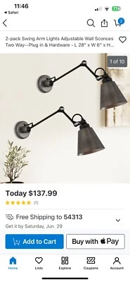 Juego de 2 lámparas de pared ajustables de brazo oscilante con cable de luz en gris antiguo cepillado Foto 1 de 4