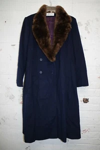 D1 Bromleigh Navy Blue Wool Vintage WINTER COAT Brown Mouton Lamb Fur Collar - Picture 1 of 10