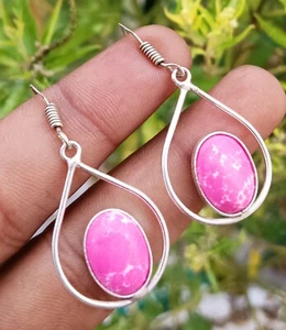 Pink Turquoise Gemstone 925 Sterling Silver Plated 1 Pair Hook Women Earring - Picture 1 of 3
