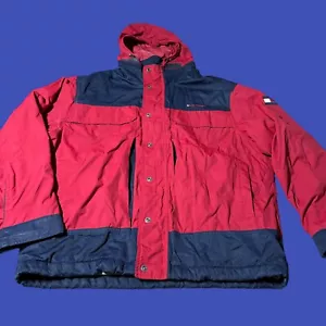 Tommy Hilfiger Coat Mens XL Button Zip Heavyweight Red Hooded Y2K Jacket - Picture 1 of 16