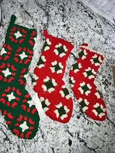 Lot of 3 Crochet Granny Square Chirstmas Stockings, Handmade, Red, Green, White - Picture 1 of 4