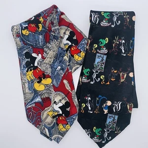 Vintage Lot Of 2 Necktie Tie Disney Mickey Mouse And Looney Tunes - Picture 1 of 4
