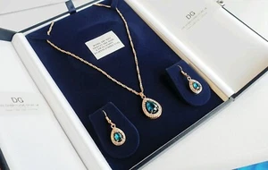 Yellow gold finish turquoise pearcut necklace earrings valentines love story  - Picture 1 of 7