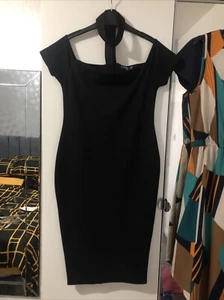 Boohoo Size 10-12 Pit To Pit 15 in Black Square Choker Neck Detail Pencil Dress - Picture 1 of 7