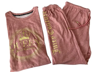 Juicy Couture Queen Sleepwear Set Women's Medium Pink Gold Spell Out Top Pants - Image 1 of 4