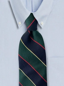 Rooster Mens Vintage 100% Silk Tie Striped Green Navy Red Repp Necktie - Picture 1 of 11