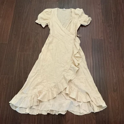 Vestido envolvente de lino beige A Loves A para mujer talla mediana usado en excelente estado Foto 1 de 2