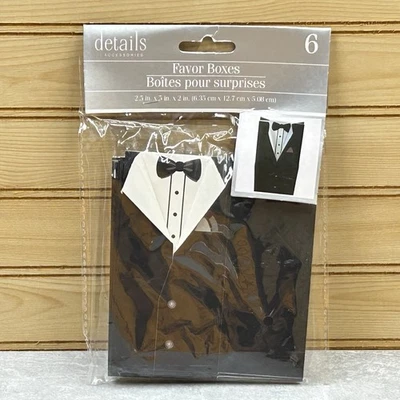 Detalles Accesorios Boda Favor Cajas Novio Esmoquin Traje Negro Blanco Paquete de 6 Foto 1 de 4