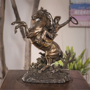 Wild West Cowboy Lasso in Hand on Rearing Horse American Cowpoke Sculpture - Picture 1 of 5