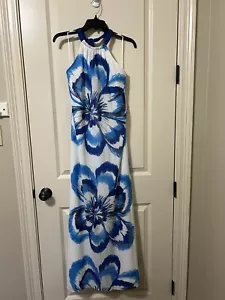 Belle Badgley Mischka Women's Blue/Multi Beaded Maxi Halter Neck Dress - Size 6 - Picture 1 of 7