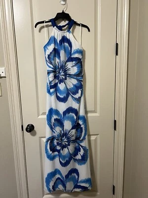 Maxi Vestido Cuello Halter Belle Badgley Mischka Para Mujer Azul/Multi Cuentas - Talla 6 Foto 1 de 4