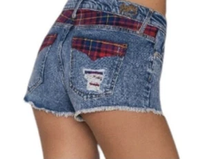 Tommy Hilfiger x Gigi Hadid Woman’s Size 29 Distressed Jean Shorts Plaid Detail - Picture 1 of 12