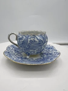 Antike chinesische Porzellan Qing Demitasse Tasse & Untertasse Phönix blau handbemalt - Bild 1 von 8