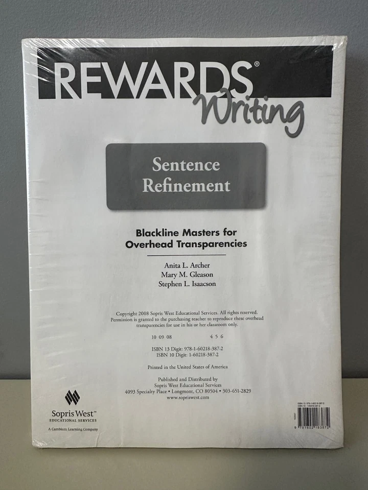 Rewards Writing : Sentence Refinement Transparencies by Mary Gleason, Anita... - Image 1 of 1