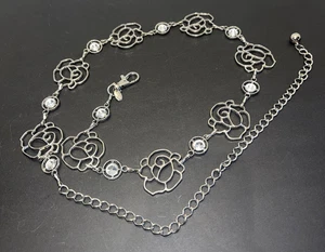 Silver Tone Metal Flower Rose Chain Length Belt 45”L Reversible Boho - Picture 1 of 10