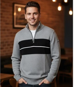 Nautica Jeans Company Sweater Vintage Pullover Striped ¼ Zip Mens Size L - Picture 1 of 9
