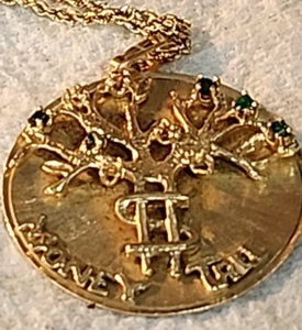 14K Yellow Gold & Green Emeralds Tree of Life Pendant & 20" L 14K Gold Chain - Picture 1 of 17