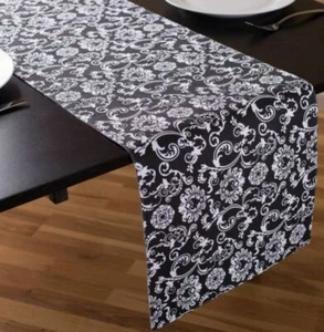 Fabric Linen Cotton Table Runner (13" x 90") WHITE DAMASK FLOWERS ON BLACK, LT - Picture 1 of 7