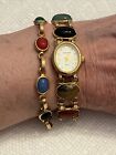 Woman Jones Wear Wrist Watch 6” Stone Scarab Cabochon And Bracelet 7.5” Works