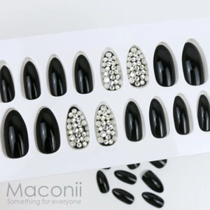 Press On Nails Stiletto Dark Matter Black Creme Silver Crystals Diamonds Set Kit - Picture 1 of 6