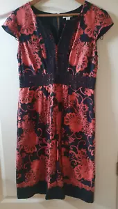Monsoon Coral Pink & Black Cotton Dress Size 14 Black Lace Floral With Pockets - Picture 1 of 16
