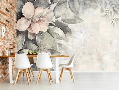 Fototapete Blätter Blumen Beton Vintage Wohnzimmer VLIES TAPETE XXL + KLEISTER - Bild 1 von 4