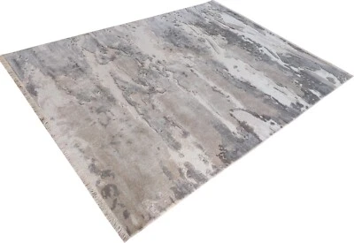 100% Wool 8 x 10 Hand-Woven Knotted Area Rug Large Grey Beige Ocean Modern - Image 1 of 4