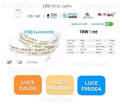 V-TAC STRISCIA LED 2835 12V ALTA LUMINOSITA' 204 LED/METRO 8500lm  5 METRI IP20  - Immagine 1 di 4
