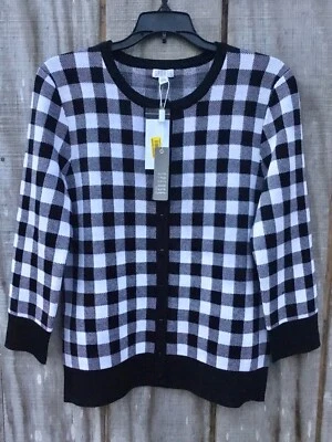 Nuevo suéter cárdigan para mujer Spense Petite negro, blanco a cuadros manga 3/4 talla MP Foto 1 de 3