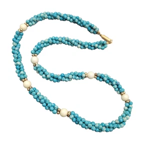 Vintage Blue Stone Twist Bead Necklace Gold tone 20" - Picture 1 of 7