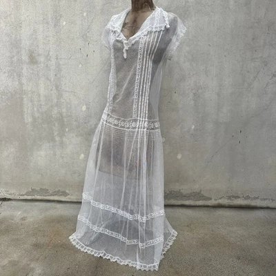 Antique 1920s White Cotton Net Lace Dress Floral Swiss Dot Stripes Sheer Vintage - Image 1 of 4
