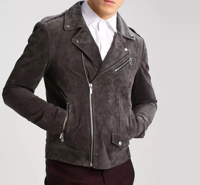 Graue Wildlederjacke für Herren - 100% echtes Wildleder Motorrad Biker Jacke - Bild 1 von 4