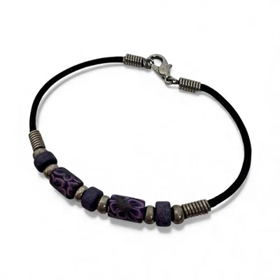 Pulsera de cuentas Millefiori púrpura vintage años 90 cuero negro tono plata Foto 1 de 4