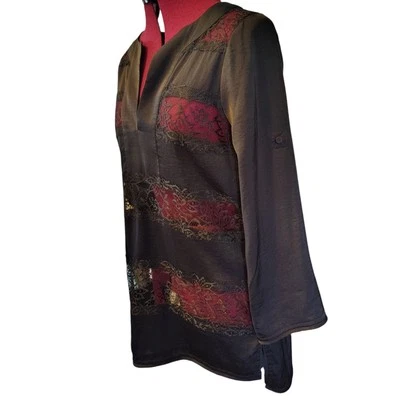 BCBG Maxazria De Colección Túnica Negra Transparente Manga Botón Dobladillo Trasero Bajo Talla M Foto 1 de 4