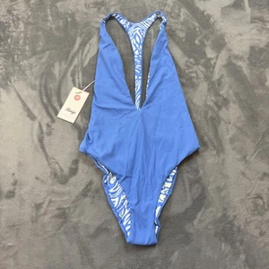 Maaji Swimsuit Womens Large Blue Reversible One Piece Plunge Ribbed Tropical - Picture 1 of 21
