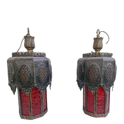 "Par de lámparas colgantes grandes de vidrio rojo vintage de 23"" - gótico renacimiento español" Foto 1 de 4