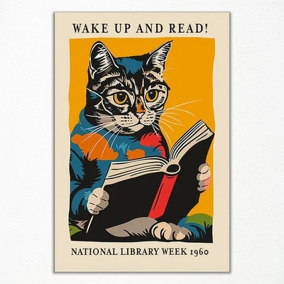 Vintage Cat & Book Poster – Wake Up and Read Wall Art, Retro Library Decor - Image 1 of 4