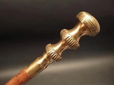 Swagger Designer Brass Antique Handle Knob Hand Carved Wood Cane Walking Stick - Image 1 of 4