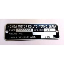 Honda Motor  Co. Ltd. Tokyo Japan CB350K4 Frame Data Plate MFG. Year 197