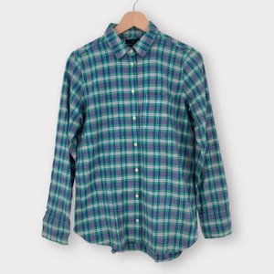 J.Crew Boy Fit Button Front Shirt Women's 4 Green Blue Plaid Flannel Long Sleeve - Picture 1 of 10