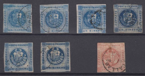 PERU 1860-61 Sc 9, 9a, 9c & 10 SEVEN STAMPS SHADES USED SCV$148.50 Cover