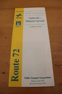 Melbourne tram timetable - route 72 Camberwell to Melbourne Uni - 1996 - Picture 1 of 1