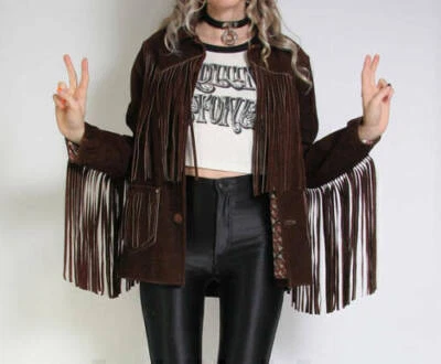 Women Brown Suede Western Style Leather Jacket -  Long Fringe  Jacket - Image 1 of 4