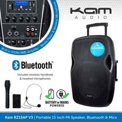 Kam RZ15AP 15" 1000W Portable PA Speaker With Bluetooth & 2 Wireless Microphones