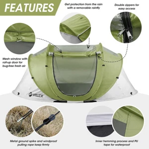 VILLEY 2 Persons Camping Beach Tent Pop Up Tent Waterproof Automatic Setup w/Bag - Picture 1 of 10
