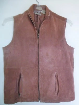 Chaleco con cremallera de gamuza tallada con volantes marrón arce cuero genuino mujer talla L Foto 1 de 3