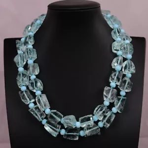 18'' 2 Rows Aquamarine Blue Natural Glass Quartz Rough Nugget Crystal Necklace - Picture 1 of 8