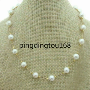 NUOVA COLLANA STAZIONE PERLE BIANCHE ROTONDE AAAA 8-9MM AKOYA CHIUSURA ORO 18" 14K - Foto 1 di 3