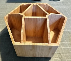 Bamboo Wood Desk Counter Organizer Rotating Utensils Supplies 7.5 x 4.5" - Picture 1 of 5